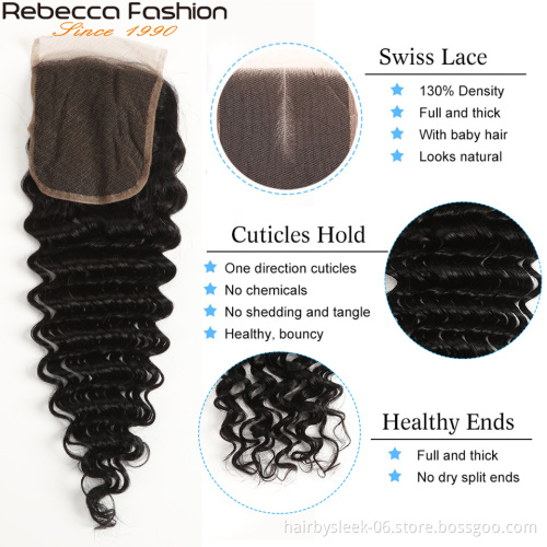 Rebecca hair vendors wholesale 10a grade indian 4x4 raw virgin hair Deep Wave lace closure brazilian human hair